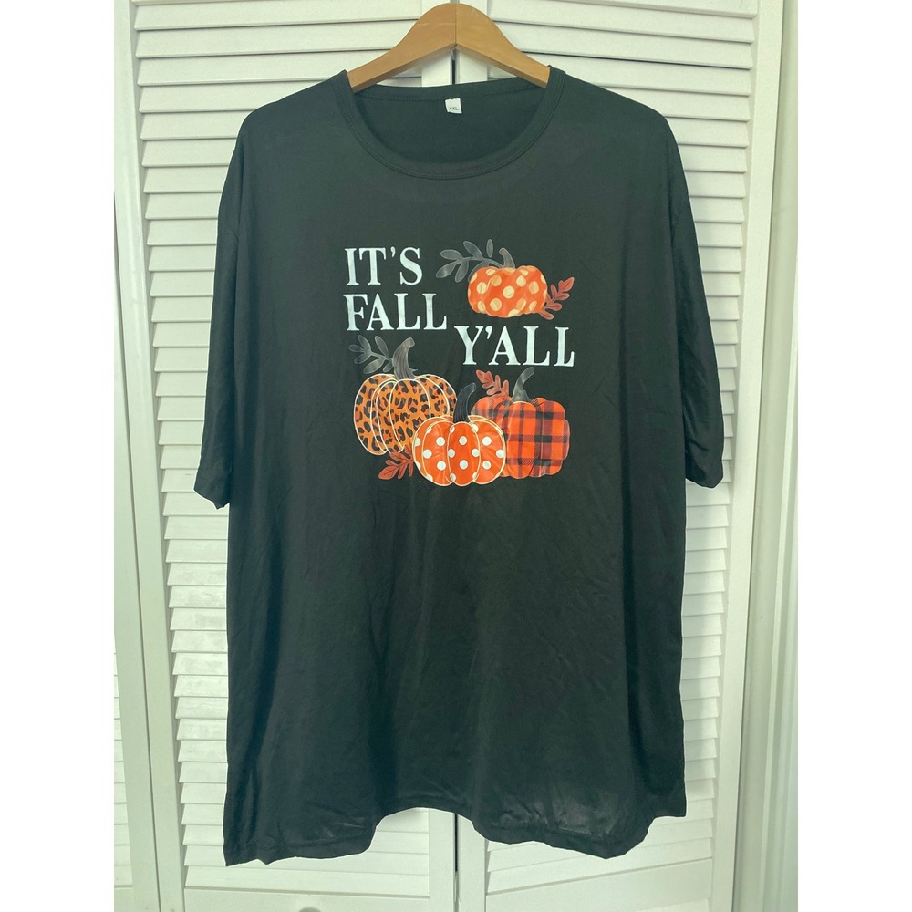Its Fall Yall Graphic T-Shirt Black 4XL Pumpkin Leopard Plaid Polka Dot Tee
